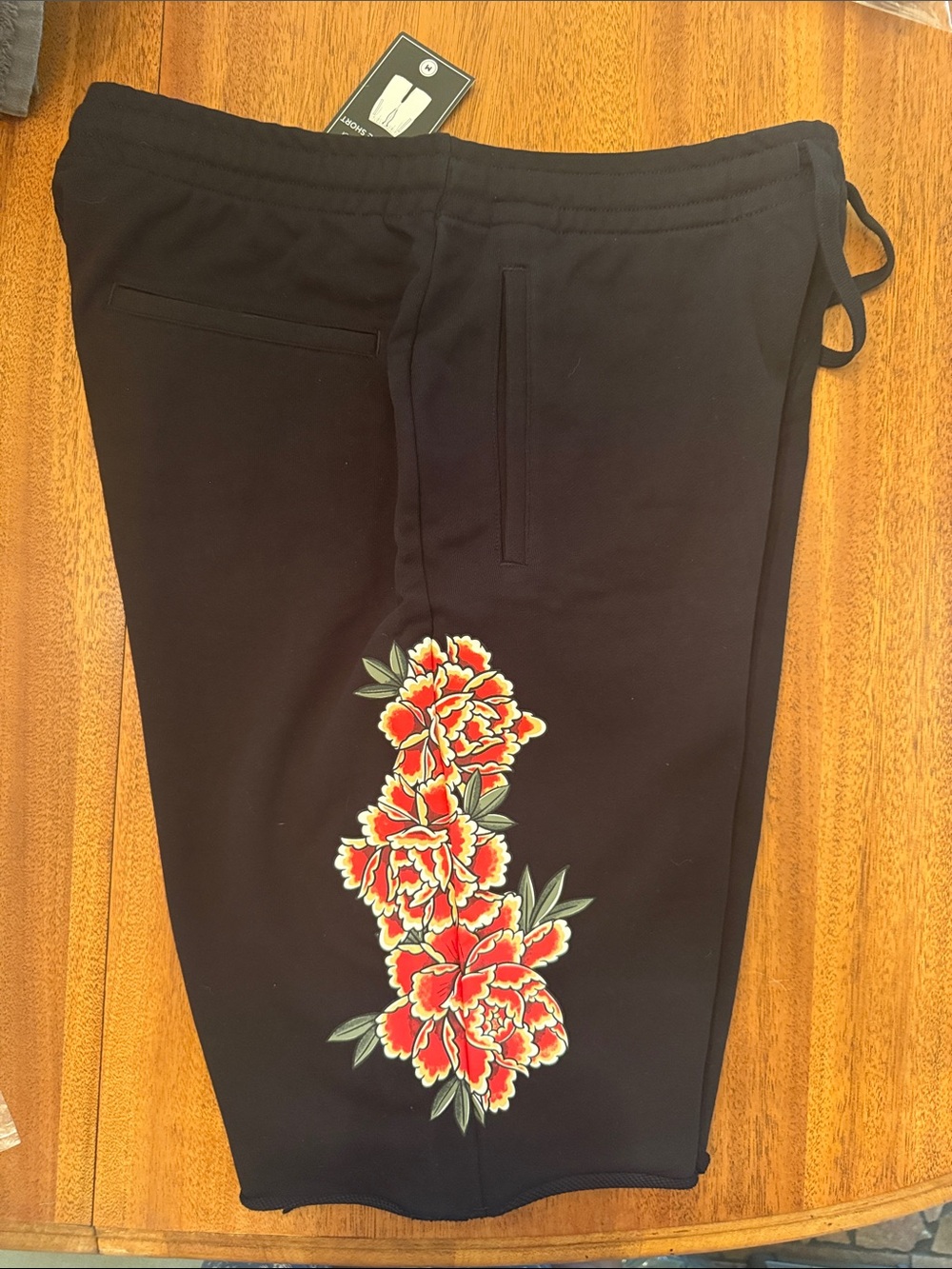 ethika Black Sweatpants Cutoff Athletic Shorts with Red Floral Design